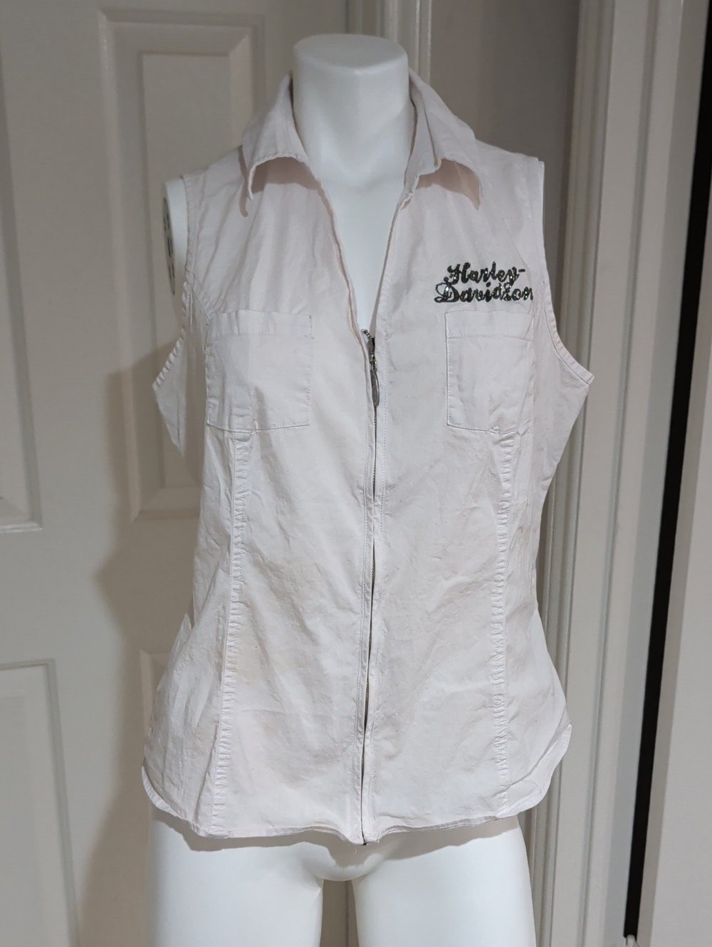 Harley-Davidson White Sleeveless Zip Front Shirt w/ Embroidered Logo Women's 1X